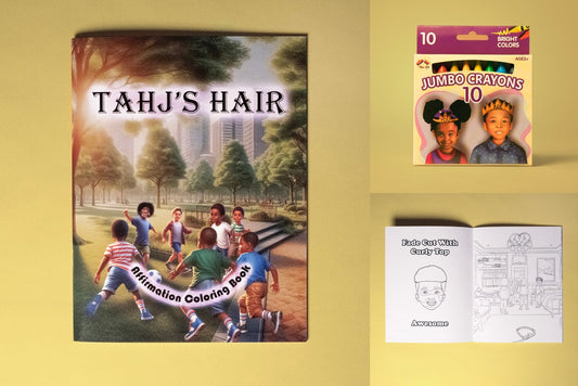 Tahj's Built With Purpose Confidence Bundle box of crayons and coloring book celebrating Black hair and confidence