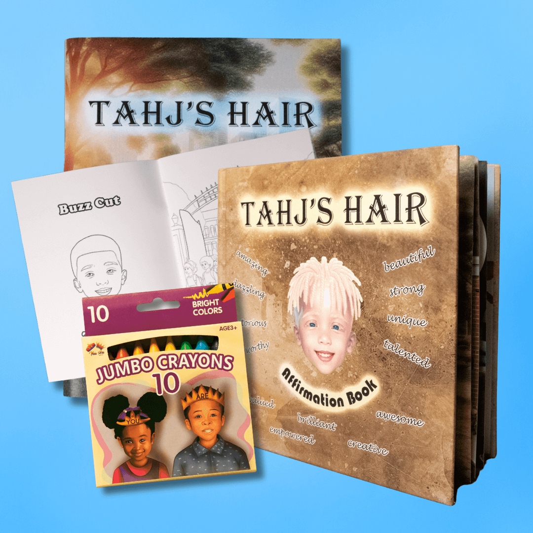 Tahj's Ultimate Special Bundle with crayons, coloring book, and affirmation book celebrating boys' identity and confidence