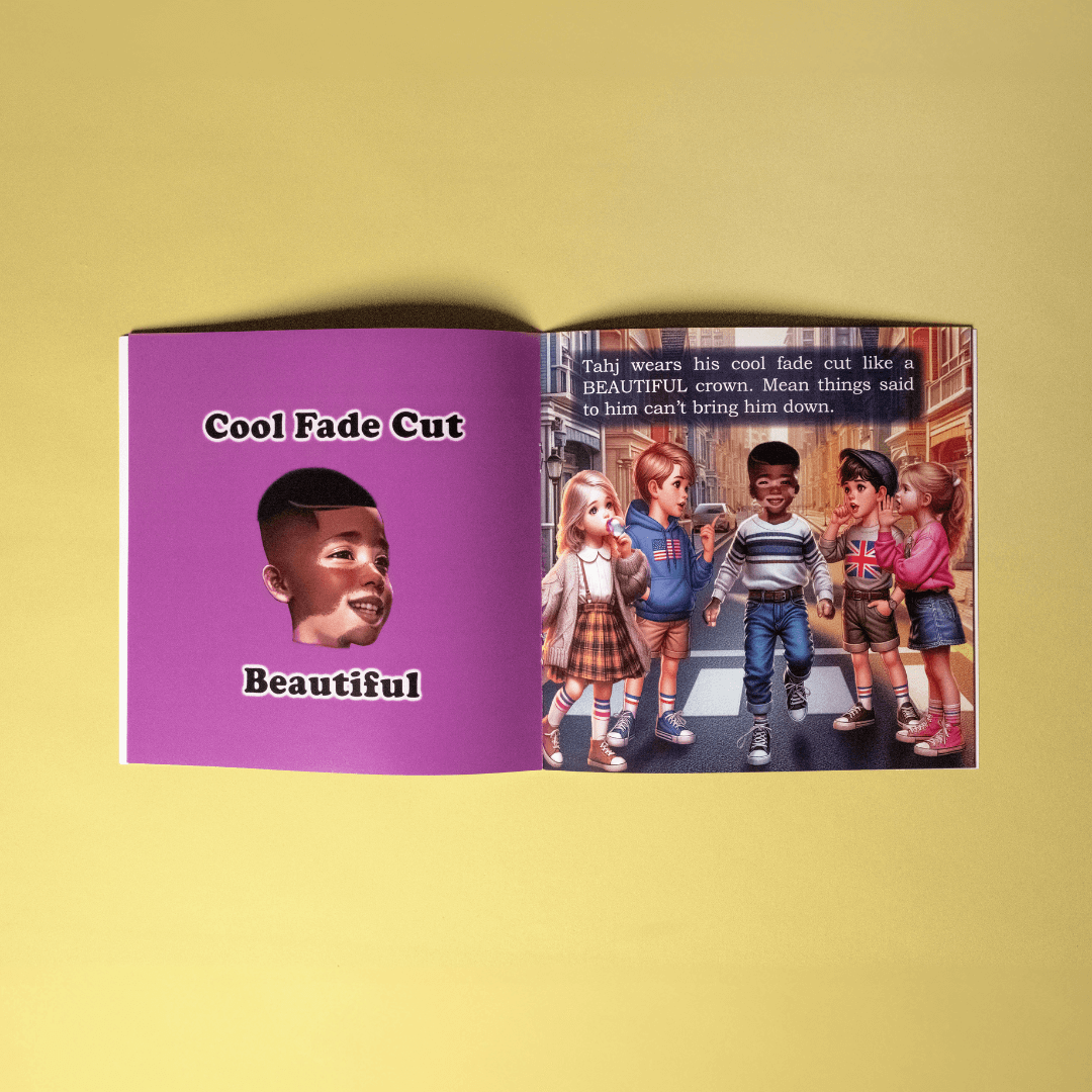 Cover of Tahj's Hair Affirmation Book featuring a confident boy with vitiligo promoting uniqueness and self-acceptance